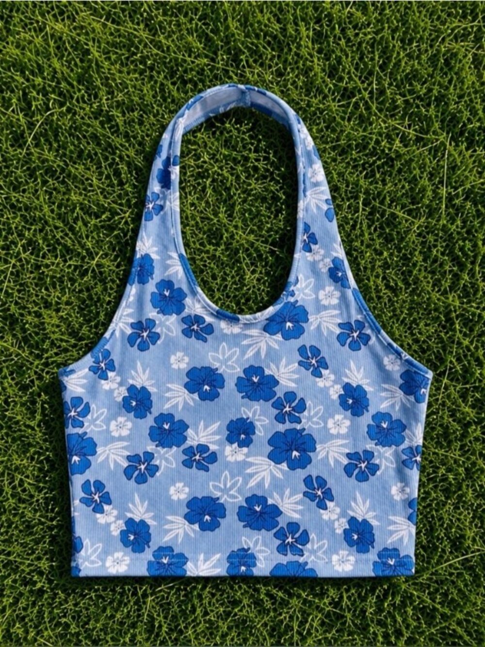 * Floral Knit Ribbed Halter Top Size 8 Blue White